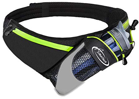 AiRunTech Upgraded No Bounce Hydration Belt Can be Cut to Size Design Strap for Any Hips for Men Women Running Belt with Water Bottle Holder with Large Pocket Fits Most Smartphones(Green)