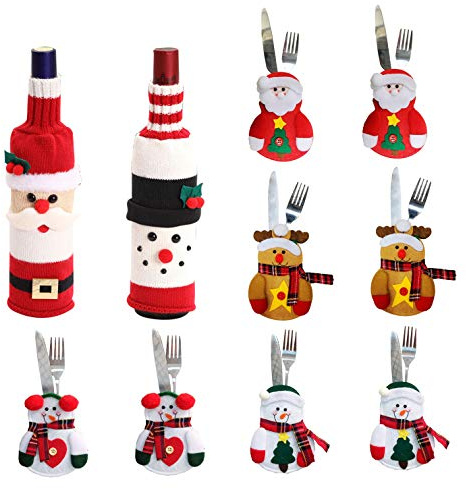 Borse per Posate di Natale Borsa Sacchetti per Bottiglie di Vino Natalizie Portaposate Coltello Forchetta Cucchiaio Babbo Natale Renna Pupazzo di Neve per la Decorazione Domestica 10 Pezzi - Rosso