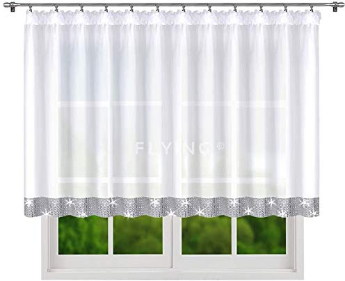 FKL DESIGN Home Deco Balkongardine - Vorhang - Gardine aus Voile mit Satinband - Schlafzimmer Wohnzimmer Kinderzimmer - Weich Fallende Gardine Modern - 120 x 400 cm - Weiß, LB-184