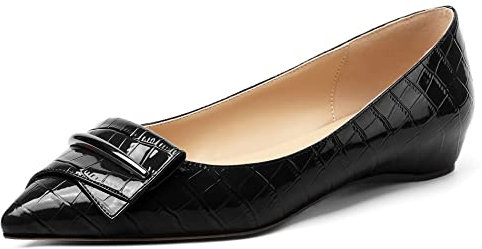 Elashe Women's Ballet Flats Pumps Pointe Toe Buckle Design Flats Comfy 2cm Low Heeled Shoes Black EU35