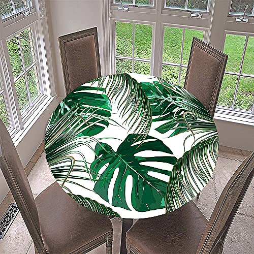 Morbuy Rund Tischdecke Elastisch, Blätter Drucken Rund Tischdecken Wasserdicht Lotuseffekt Abwaschbar Abwischbar Tischtuch für Garten Outdoor Küchentisch (Durchmesser 70cm,grüne Blätter)