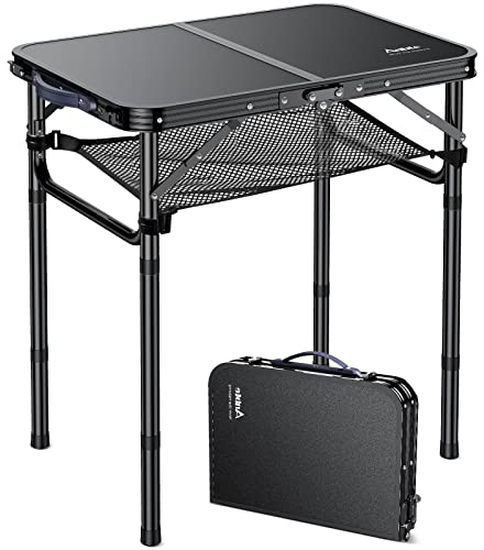 Anbte Campingtisch Klappbar 60x40cm Aluminium Rahmen 3 Höhenverstellbar 26/48/70cm Koffertisch mit Aufbewahrungsnetz Tragbar Picknicktisch für Camping Strand Balkon (Ganz Schwarz)