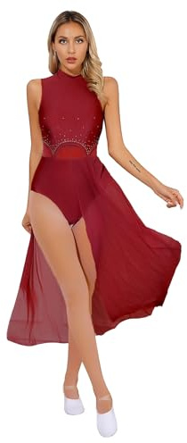 IEFIEL Vestido de Danza Ballet Contemporánea para Mujer sin Mangas Maillot con Falda Larga Vestido Baile de Salón Disfraz de Bailarina S-XXL A borgoña S