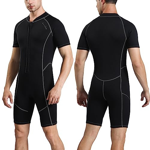 OMGear Wetsuit 3mm Neoprene Short Sleeve Diving Wet Suit Women Men Thermal Shorty Swimsuit for Adults UV Protection for Surfing Snorkeling Scuba Diving Swimming(Grey,S)