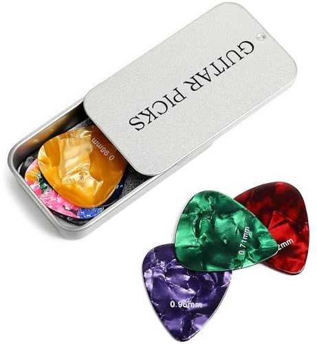 Celluloid Guitar Picks 15 Pack with Silver Metal Storage Box, 0.46mm/0.71mm/0.96mm/1.2mm Thin Medium Heavy Extra Heavy Gauges, Plectrums for Acoustic Guitar, Electric Guitar, Bass, Ukulele