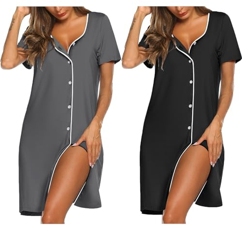 Ekouaer Nightgowns for Women 2 Pack Button Down Sleepshirt Short Sleeve Nightshirt Soft Sleepwear V Neck Pajama Dress Black/Grey XXL
