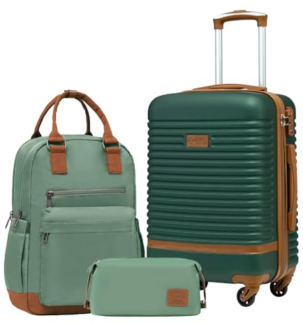 COOLIFE Koffer Trolley Koffer Reisekoffer von ABS Hartschalen Trolley 4 Rollen TSA-Schloss Der Koffer Enthält 1 Reiserucksack und 1 Kulturbeutel (Dunkelgrün/Braun, Handgepäck-Set 3tlg)
