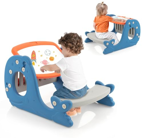 COSTWAY 4 en 1 Juego de Mesa de Actividades Convertible para Niños, Caballete Multifuncional y Ajustable con Pizarra, Forma de Ballena, Mesa para Niños con Banco para Habitación, Jardín de Infantes