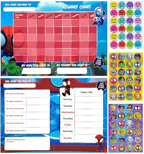 Spidey & Friends Tableau de récompense et d'émotion pour enfants à partir de 3 ans et plus avec stylo et autocollants