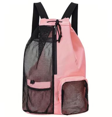 MiOYOOW Strand Rucksack mit Kordelzug, wasserdichte Netz Sportbeutel Gymsack mit Wasserflaschentasche für Schwimmen, Strand und Pool
