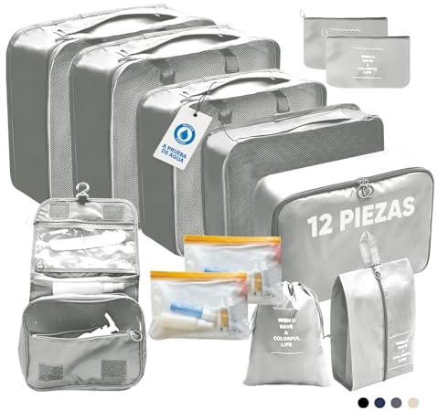 Organizador Maleta Viaje de 12 Piezas - Organizadores de Maletas Impermeables - Packing Cubes - Separadores de Ropa Compactos para Equipaje - Bolsas Organizadoras para Mochila de Cabina (Gris)