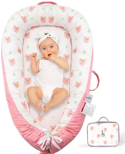 Baby Lounger for Newborn 0-24 Months – Ultra Soft Organic Cotton Infant Lounger – Reversible, Adjustable & Portable Baby Nest for Home & Travel – Soft, Breathable, Washable Cover by Leosole