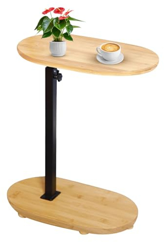 SEHAUSEU Table d'Appoint Forme C Bambou Métal Moderne Hauteur Réglable, Table d'Appoint de Lit, de Canapé, de Chevet, de Soins, pour Salon Chambre Salle de Bains