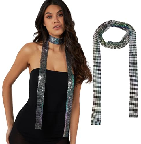 JK Home Foulard Paillette Métal Femme Echarpe Longue Etroite | Cravate Brillante Couleur Uni Cosplay Carnaval Costume Mariage