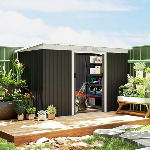 Caseta de jardín con puerta corredera, ventana de ventilación, techo reprimido, exterior, acero, gris oscuro, 280 x 130 x 172 cm