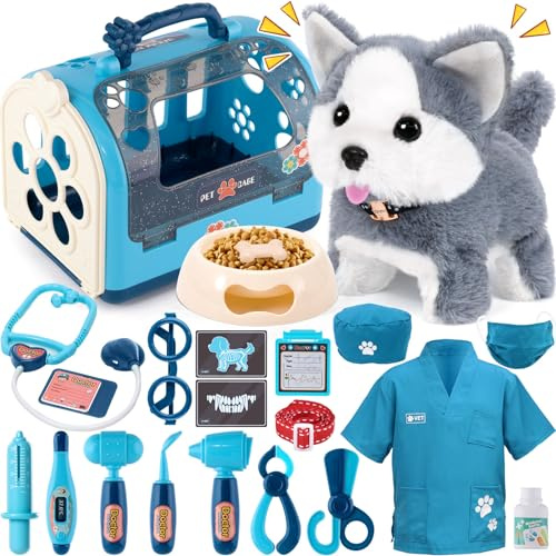 Tacobear Électronique Chien Jouet Enfant avec Malette Docteur Déguisement Vétérinaire et Cage, Peluche Interactif Chien Qui Marche et Aboie Jeu de Rôle Cadeau pour Garçon Fille 3 4 5 6 7 8 Ans