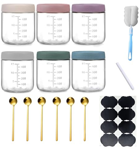 HXXWEUS Overnight Oats - Tarros para conservas (6 unidades, con escala clara, 500 ml, con tapa de rosca, con tapa hermética, tarros de cristal con tapa hermética, tarros con tapa y cuchara)