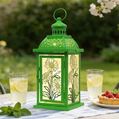 DECORKEY Spring Decorations for Home, 14.4 Decorative Daisy Green Lantern with 61 LED Lights(No Battery) for Home Indoor Outdoor Decor, Hanging Metal Candle Holders for Spring St.Patrick’s Day Gift