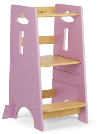 COSYLAND Torre de Aprendizaje para Niños - Torre de Aprendizaje de Madera para Bebés de 1 a 6 Años - Altura Ajustable en 3 Niveles - 80CM - Rosa Clásico y Natural