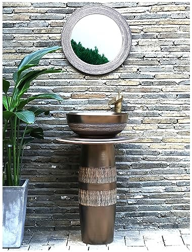 LQAIomn Vintage Pedestal Sink Handcrafted Ceramic Wash Basin Pedestal Washbasin, Kaolin Clay Pedestal Sink Round Freestanding Sink for Indoor and Outdoor,with(with Mirror)