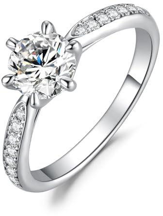 JewelryPalace 1ct klassisk 14K vitguldpläterad solitärring för kvinnor med Moissanite Creation, Simulerad Diamant Sidostensringar, Enkel Ring Förlovning Smyckesset Kvinnor 14,5