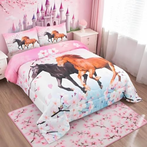 Set di biancheria da letto per bambini con motivo a fiori di ciliegio, Bedding Piumino con cavallo al galoppo, con stampa 3D animale selvatico, Bedding Piumino per letto 230x220cm
