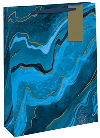 Eurowrap Ocean Marble Birthday Occasions Gift Bag with Gold Tag (Medium Bag Blue)