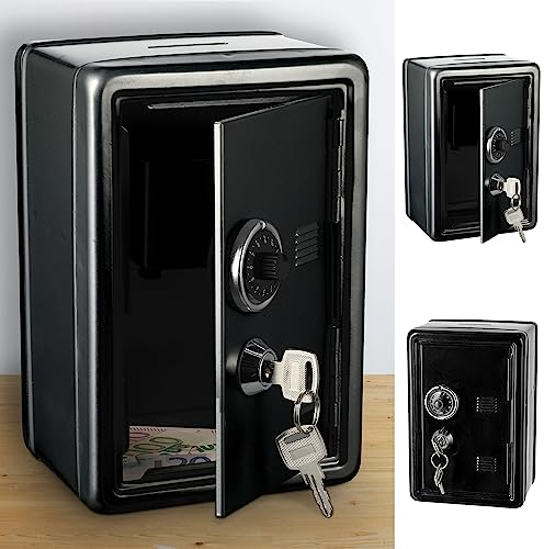 Spardose Tresor mit Geldeinwurfschlitz │ Metall 12x18x10cm schwarz │ 2 Schlüssel Zahlenschloss (1 x Spardose Tresor schwarz)