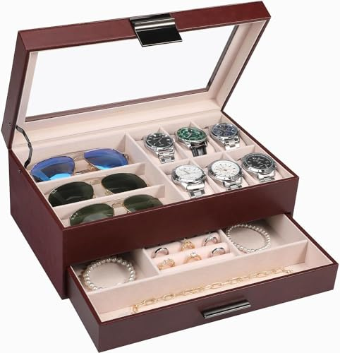 LANDICI Portagioie per orologi da uomo e donna, a 2 strati, 6 scomparti, in pelle PU, con parte superiore in vetro, grande espositore per gioielli, per occhiali da sole, collane, orecchini, anelli