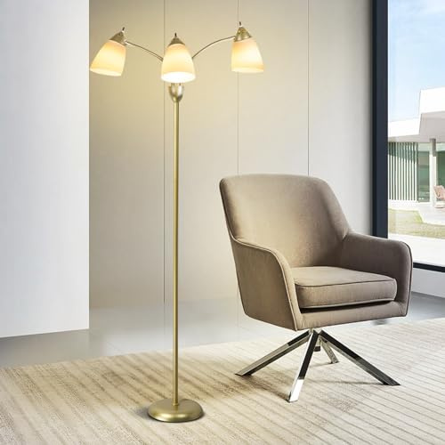 Depuley LED-golvlampa vardagsrum, E27 modern golvlampa med 3 lampor, vintage lä guld med roterande brytare, 360° vridbar lamphållare, retro golvlampa för kontor, sovrum, soffa studio