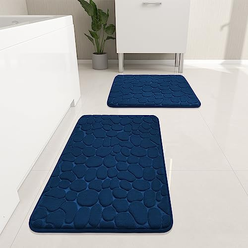 chakme Badezimmer Teppiche Sets 2 Stück, Cobblestone Memory Foam Badezimmer Matten Set dick, Anti-Rutsch-Badematten für Bad,absorbierend waschbar dunkelblau Badteppiche für Wanne, WC und Boden