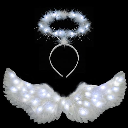 Ptesuply Ailes d'ange, Ailes d'ange lumineuses et auréole avec lumières LED - 3 modes de lumière, Costume de déguisement d'ange blanc pour Halloween, Noël, cosplay, fête (Grande, blanc froid)