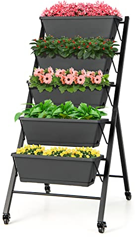 COSTWAY Vertikales Hochbeet mit 5 Etagen, Vertikalbeet mit Rollen, Blumenbeet mit Pflanzkästen, Blumenkasten, Blumentreppe, Pflanztreppe, Gemüsebeet, Kräuterbeet für Blumen, Kräuter, Gemüse