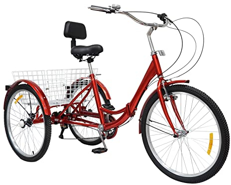 HPDTZ 24 Zoll Dreirad Erwachsene, Faltbares Fahrrad Dreirad für Erwachsene, Senioren, Frauen, Männer Lastenfahrrad 3-Rad-Fahrrad mit Einkaufskorb (Rot)