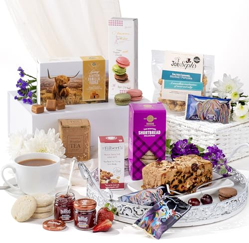 Hattie's Gifts Afternoon Tea Hamper - Luxury Food Gift with English Tea, Fruit Cake, Fudge, Shortbread, Macarons, Jam & Popcorn - Gourmet Snacks for Birthday, Thank You
