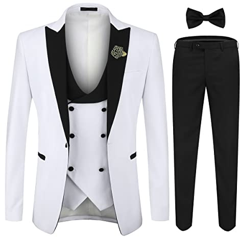 YOUTHUP Costume Smoking Homme 3 Pièces pour Mariage Business Fête Confort Elégant Blazer et Pantalon Gilet Noeud Papillon Blanc M