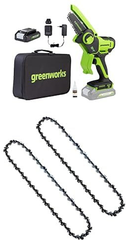 Greenworks 24V Mini Motosierra 10cm Motosierra a batería sin cable alimentada por una batería de 2Ah+ Cadena de Sierra de 2 piezas para barras de 4 pulgadas (10 cm)