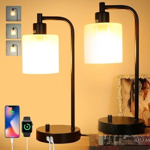 MIAOLIAN Bedside Lamps Set of 2,Dimmable Table Lamps with Eye-Caring Frosted Glass Shade for Bedrooms,USB & AC Outlets Charging Port,Nightstand Industrial LED Desk Lamps for Reading Living Room Office