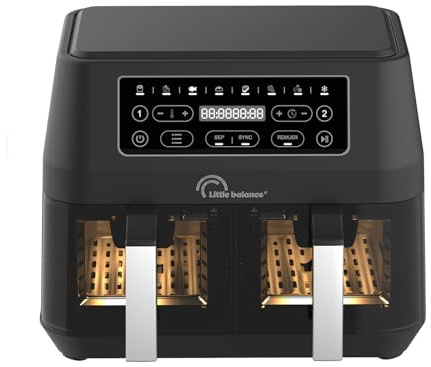 LITTLE BALANCE 8765 Crousty Light Duo, Fritteuse ohne Öl, Air Fryer, 2 Schubladen, Antihaft, PFAS-frei, 8 voreingestellte Programme, 7,6 Liter für bis zu 6 Personen, 2460 W, Schwarz