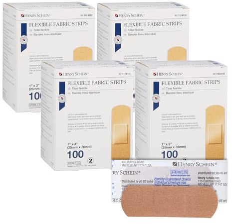 Henry Schein Sterile Adhesive Fabric Bandages, 1 x 3 – Box of 400 Flexible, Breathable Strips – Soft, Stretchable Wound Covers for First Aid, Medical Use, Clinics & Emergency Kits