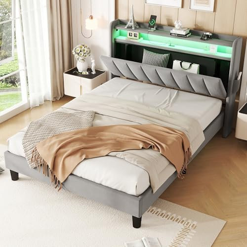 ModernLuxe 4FT6 Double Bed, Upholstered Bed Frame with LED Light Strip, Lower Flap Door Storage, 4 USB Port, Sturdy Youth Bed for Adults & Teenagers, Velvet, Grey, 135x190cm