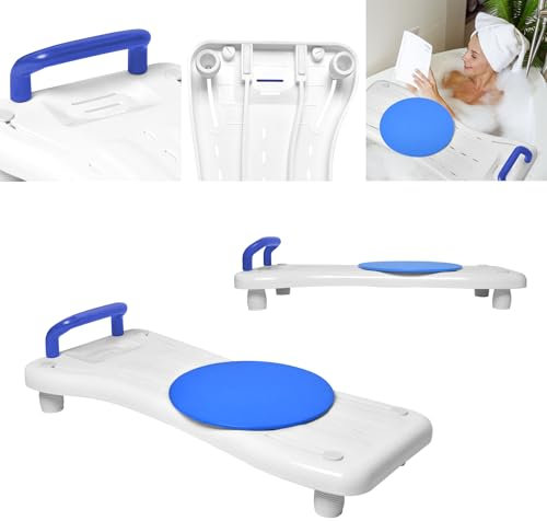 LARS360 Badewannenbrett mit Drehscheibe, Einstellbar Sitzbrett Wannensitz für Senioren mit Blau Griff und Seifenablage, Max. Belastung 150 kg, für Badewannenbreiten von 41-63 cm