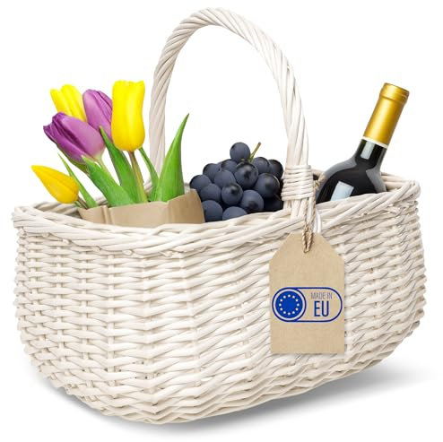 Creative Home Weißer Einkaufskorb Weidenkorb mit Henkel Picknickkorb | 36 x 26 x 31 cm (+/- 2 cm) | Handgeflochten | Universell und Langlebig Groß Osterkörbchen Geflochten