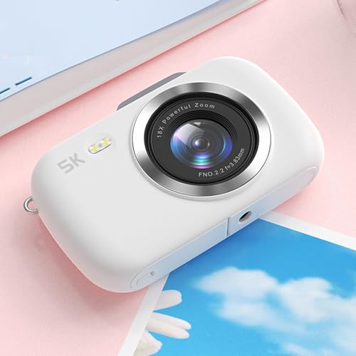 5K Digitalkamera, 80 MP Kompaktkamera, 18X Digital Zoom, 2,8 Tums IPS-skärm, Blixt, Kontinuerlig och Förfallen Fotografering, Bärbar Vloggningskamera för Pojkar, Flickor (Vit)