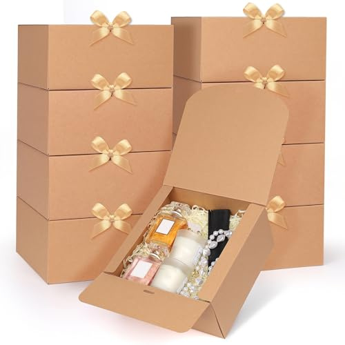 GXFCING 12 Pack Brown Gift Boxes with Lids 20 x 20 x 10 cm Large Bridesmaid Proposal Present Box Square Party Favor Packaging Boxes with Gold Ribbon for Wedding Birthday Christmas Festival