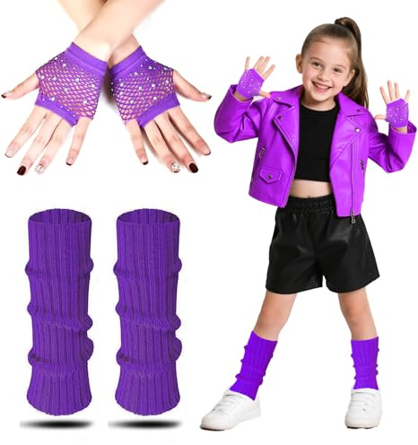 Neon Jambiere barn, fluorescerande gaiter med varma stickade neonfisknätshandskar neonleggings flicka tillbehör kostymset för flickor, fantasyklänning, temafest