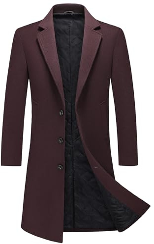 MODFUL Gabardina larga de lana para hombre, acolchada, longitud hasta la rodilla, abrigo cálido, abrigo informal ajustado, granate, L