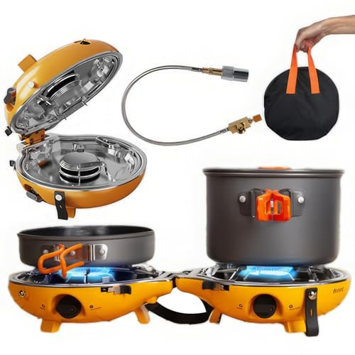 Camping Stove 2 Burner Portable Gas Cooker 17000 BTU with Grill, Foldable Design, Adjustable Burners & Piezo Ignition for Hiking, Trekking, and Picnics