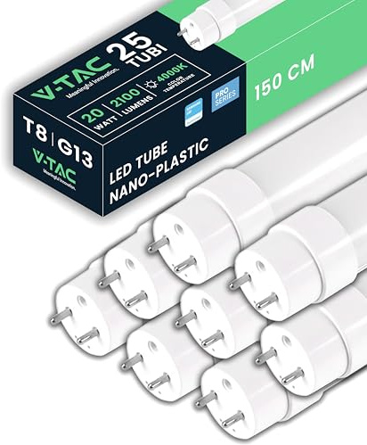 V-TAC 25 Tubi LED 150 CM con attacco G13-20W - 2100 Lumen - [ 25 PEZZI ] - Chip Samsung - Tubi LED per Soffitto, Parete, Garage, Negozio - Tubo forma T8 - Sostituzione Neon - Luce Naturale 4000K