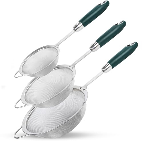 304 Stainless Steel Fine Mesh Strainer Set, 3 Sizes 12/14/18cm Kitchen Strainers, 40 Mesh Sieve for Rice, Pasta, Flour, Tea & Juicing, Rust-Resistant Food Strainer with Long Handle, Dishwasher Safe